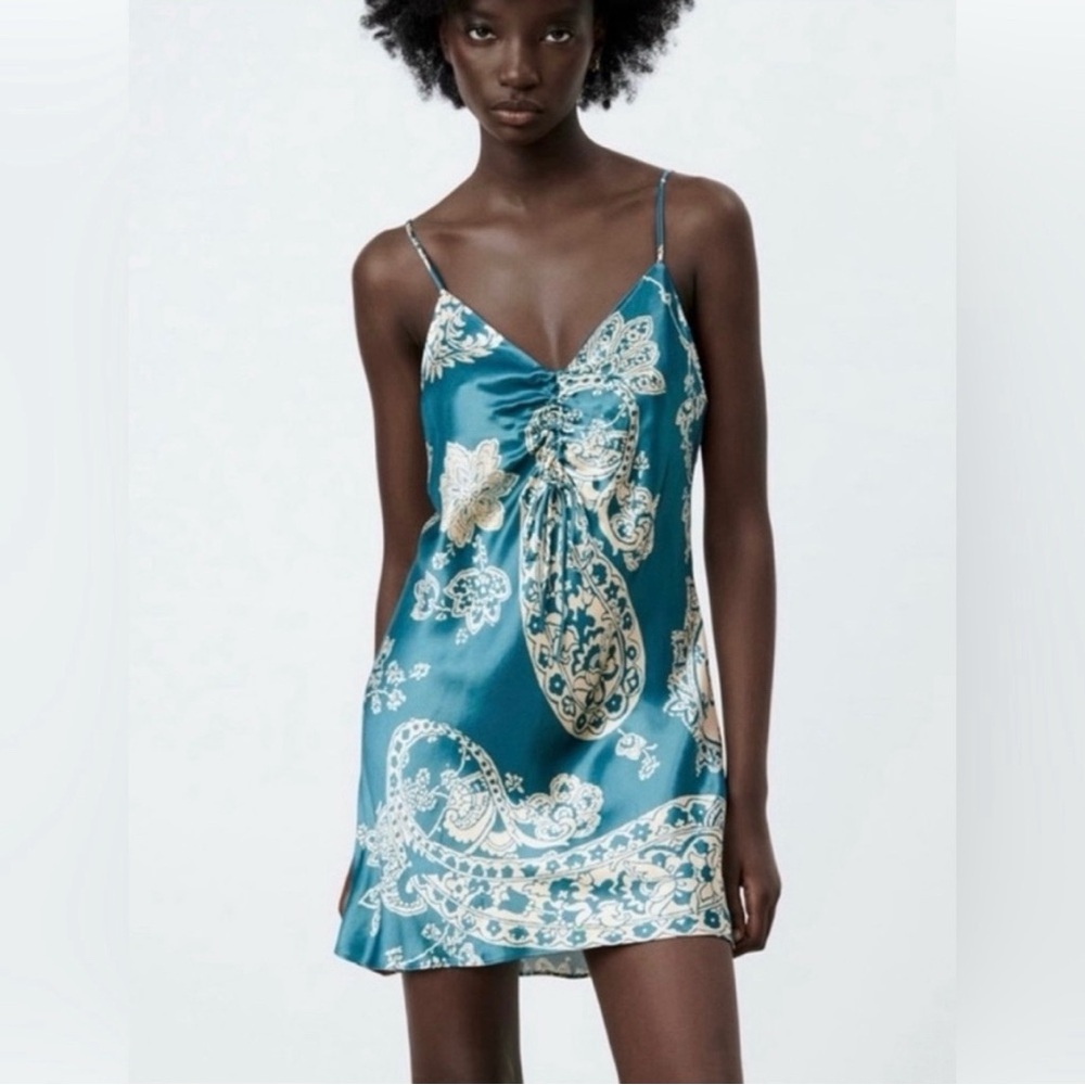 Zara Satin Floral Paisley Print Slip Mini Dress